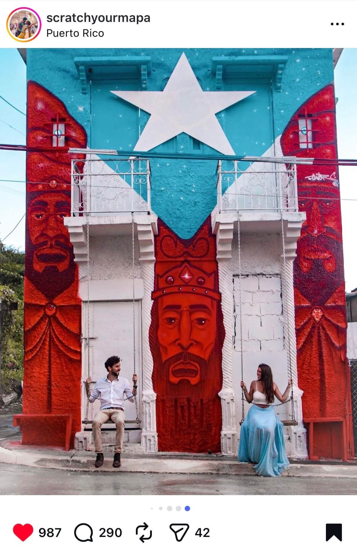 Aguadilla swings SYM Puerto Rican flag mural in Aguadilla (Scratch Your Mapa Instagram Post) - most colorful places in Puerto Rico