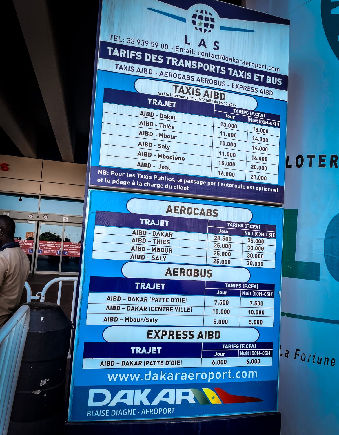 Price chart Dakar airport to city