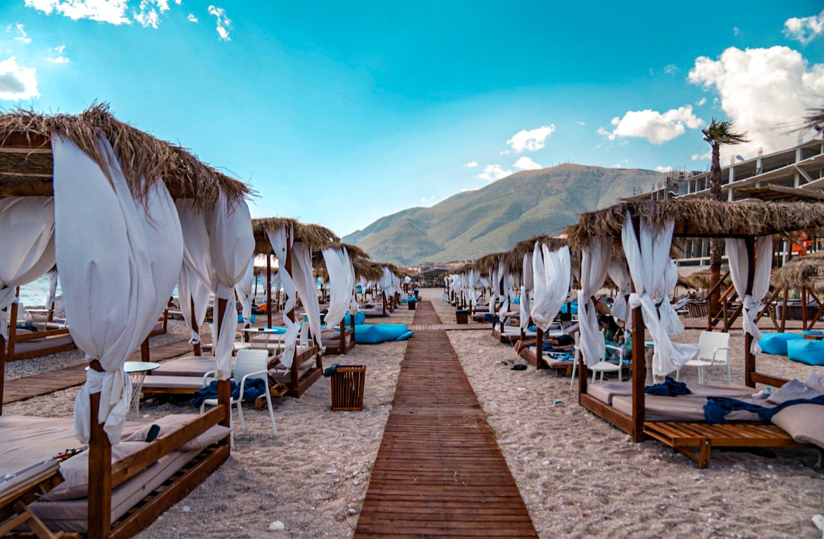 cabanas at beach clubs Albanian riviera