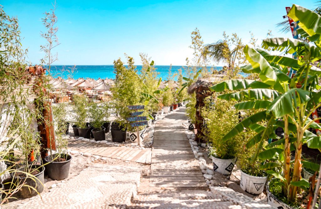 walkway through a beach club in Albania