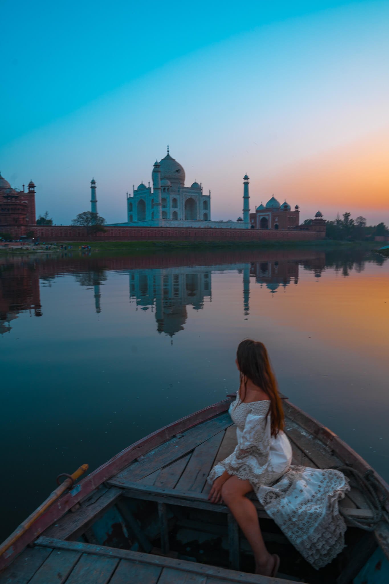 sunset boat ride outside the Taj Mahal