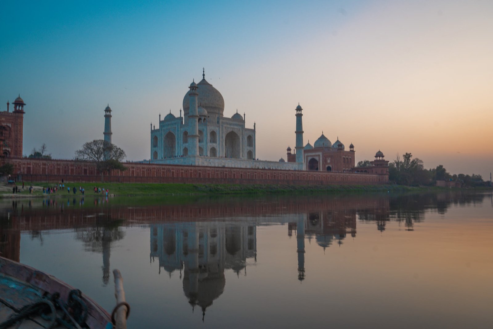sunset boat ride outside the Taj Mahal in India 