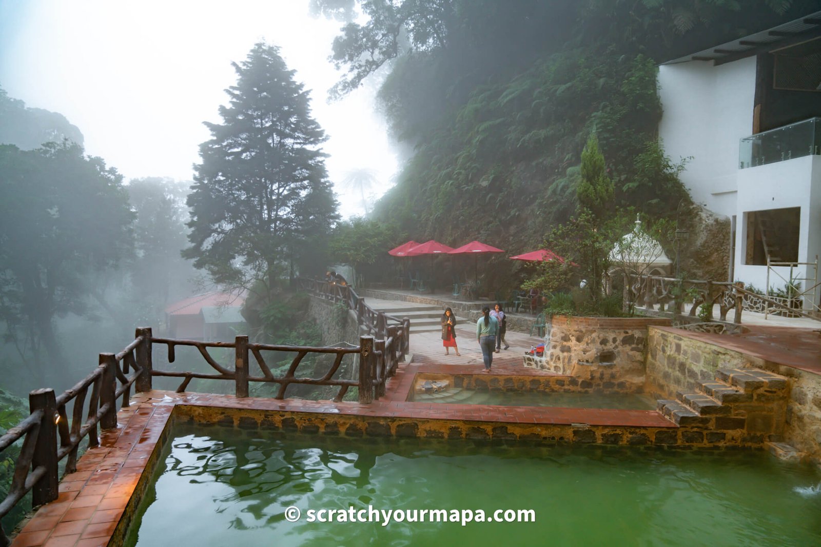 seating at Fuentes Georginas hot springs in Guatemala