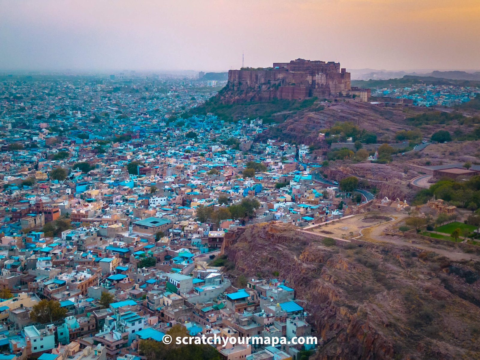 drone shot of the blue city in India