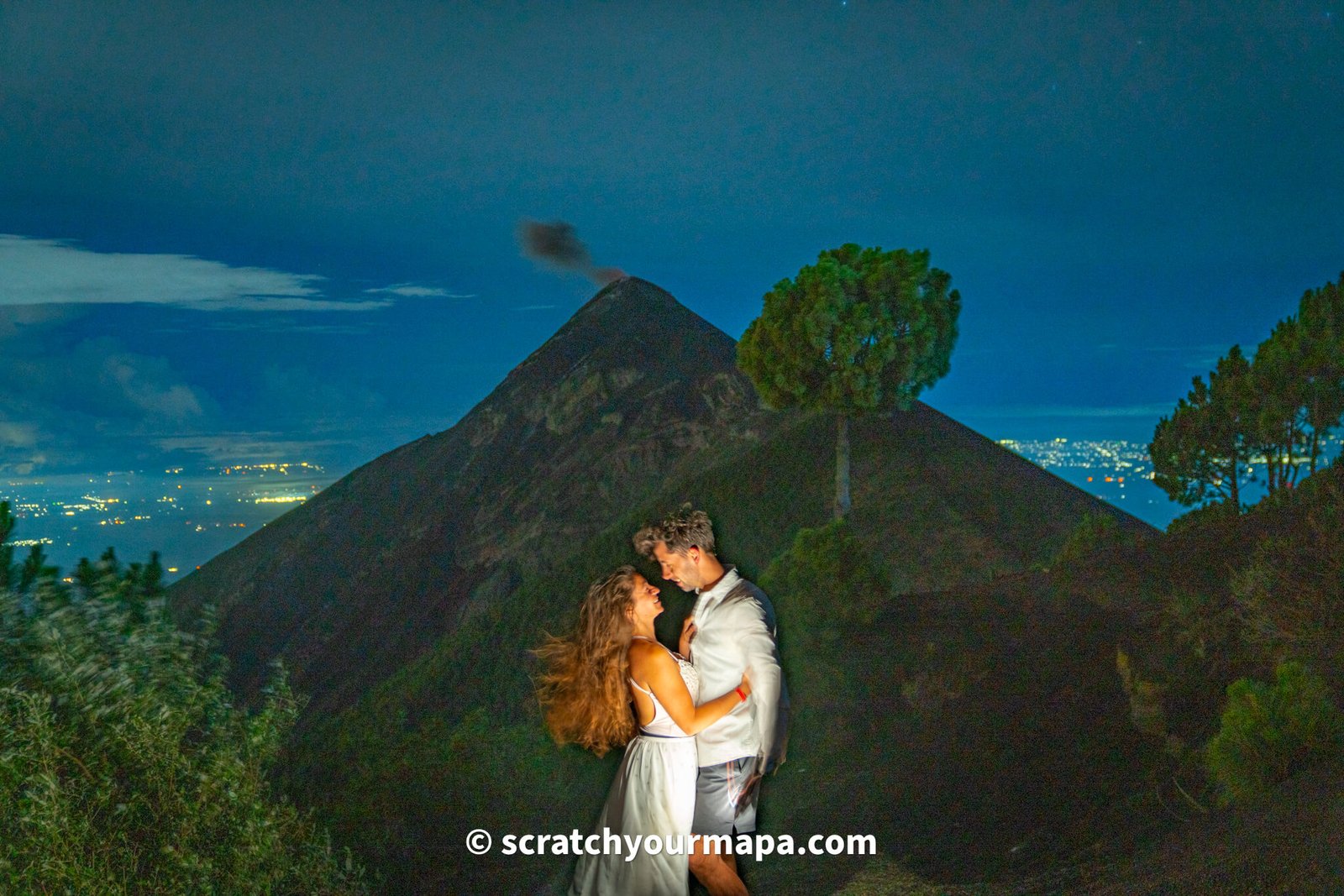 Acatenango volcano hike view of Fuego erupting