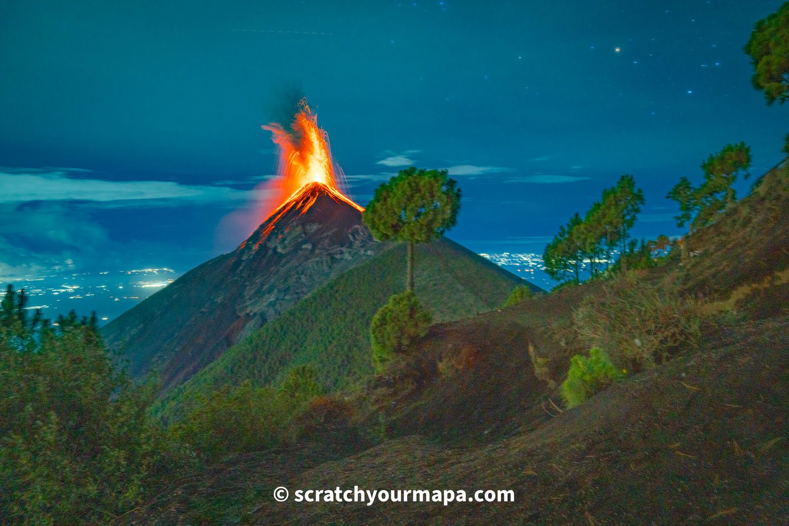 Acatenango volcano hike view of Fuego erupting