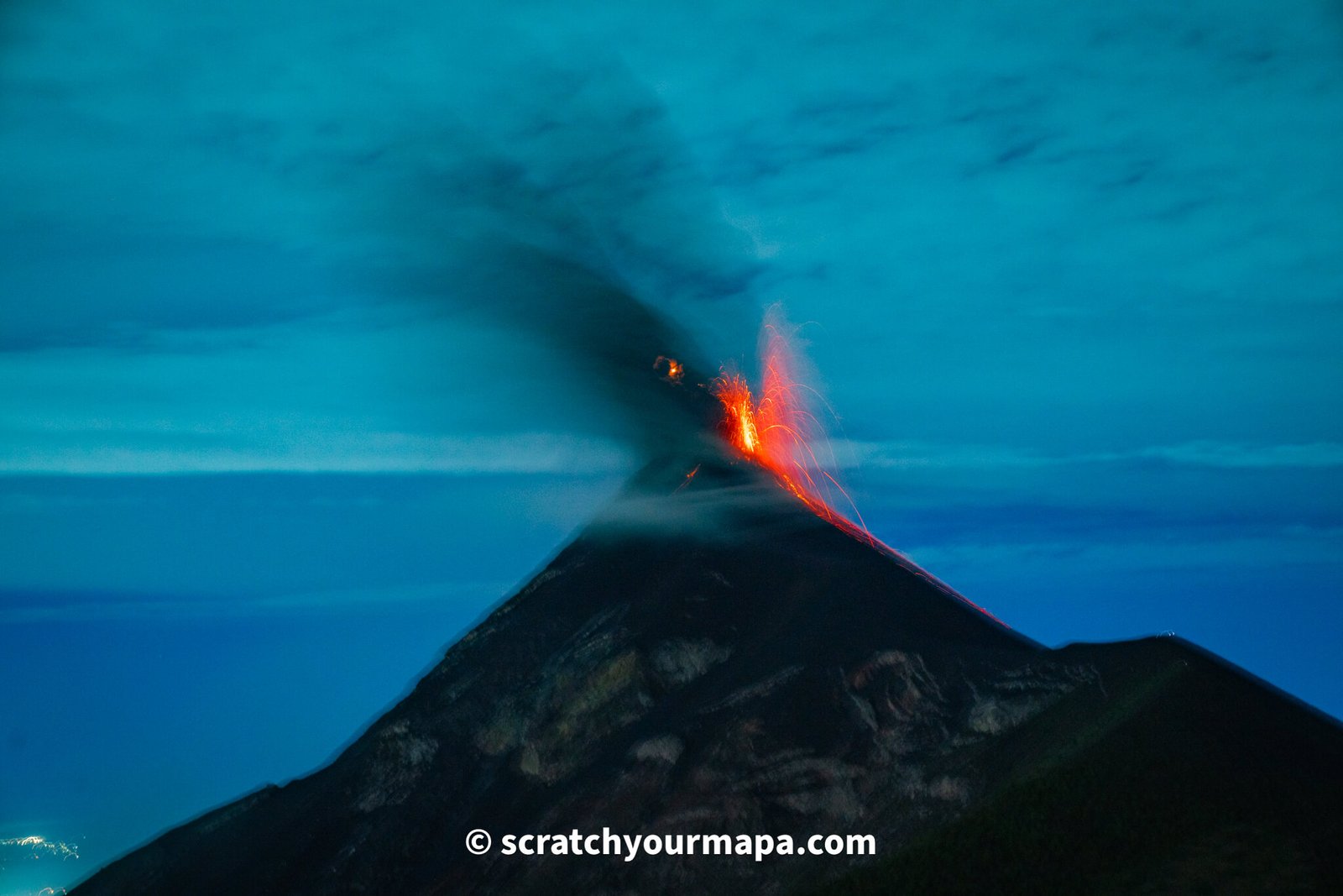 Acatenango volcano hike view of Fuego erupting