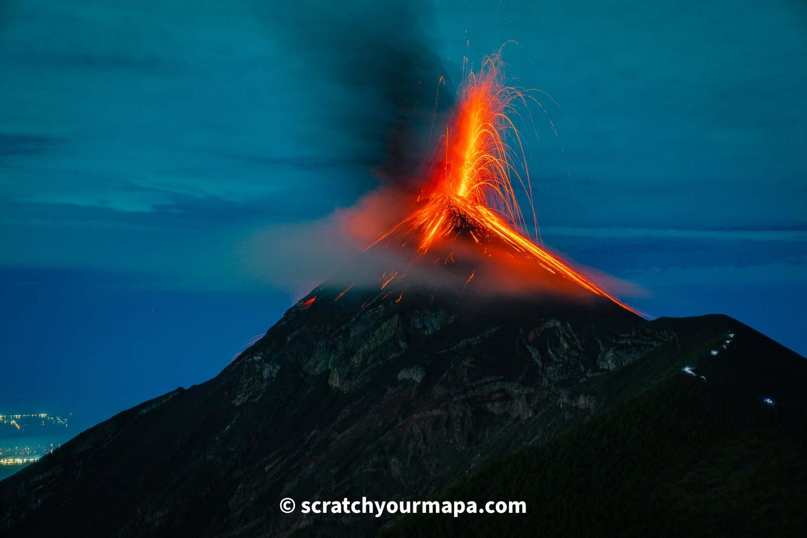 Acatenango volcano hike view of Fuego erupting