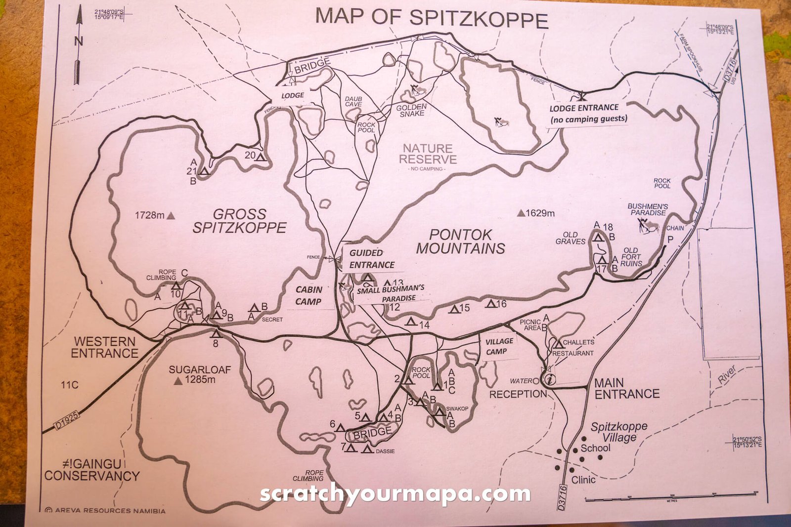 map of Spitzkoppe Park in Namibia