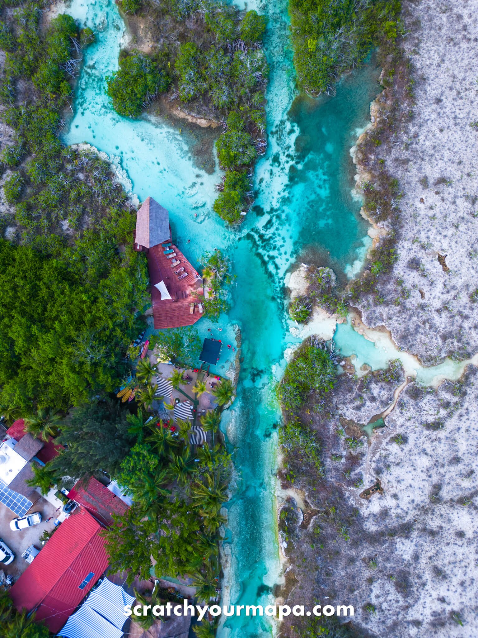 drone shot of Los Rapidos, Bacalar