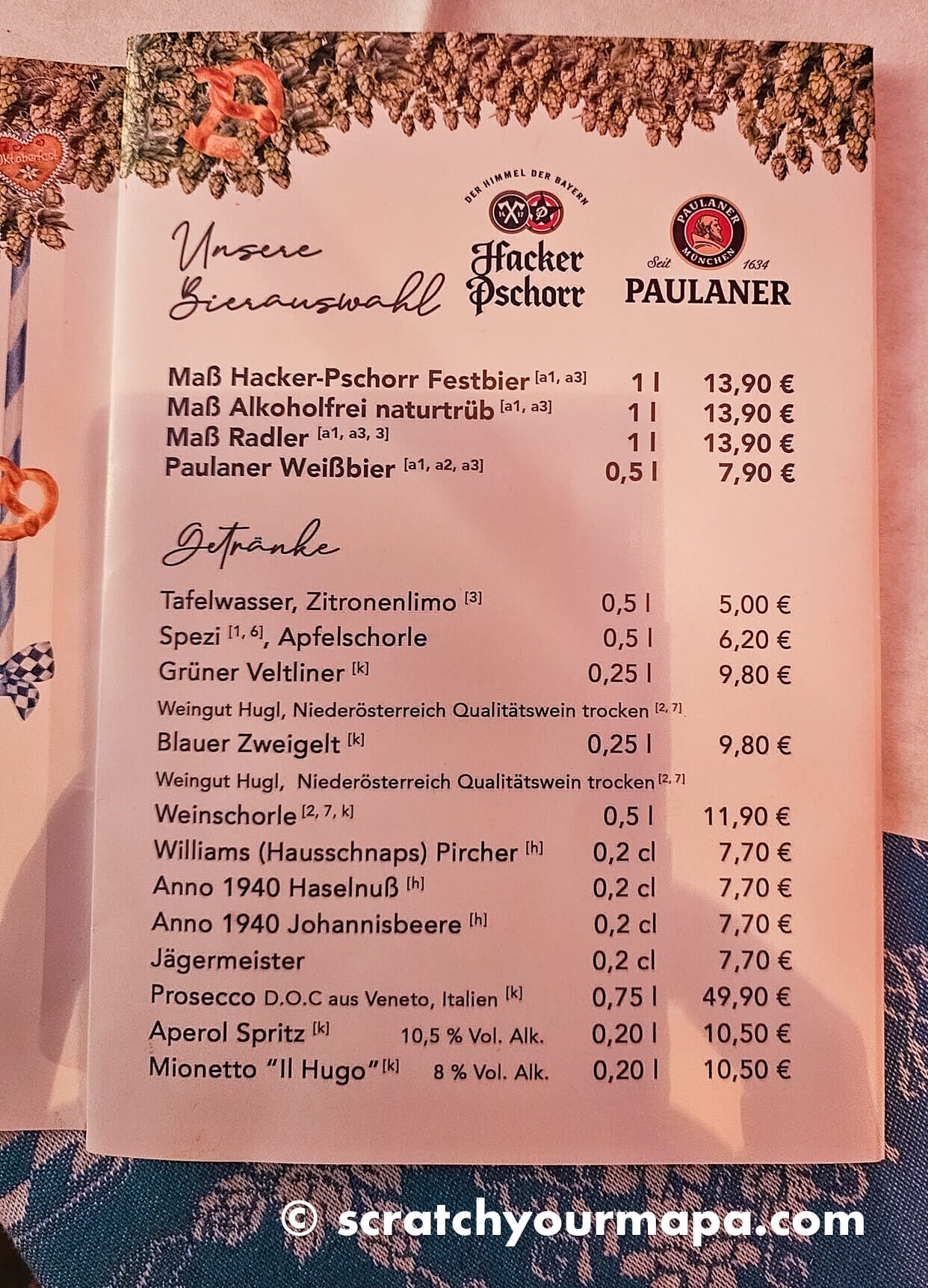 menu at Oktoberfest in Munich