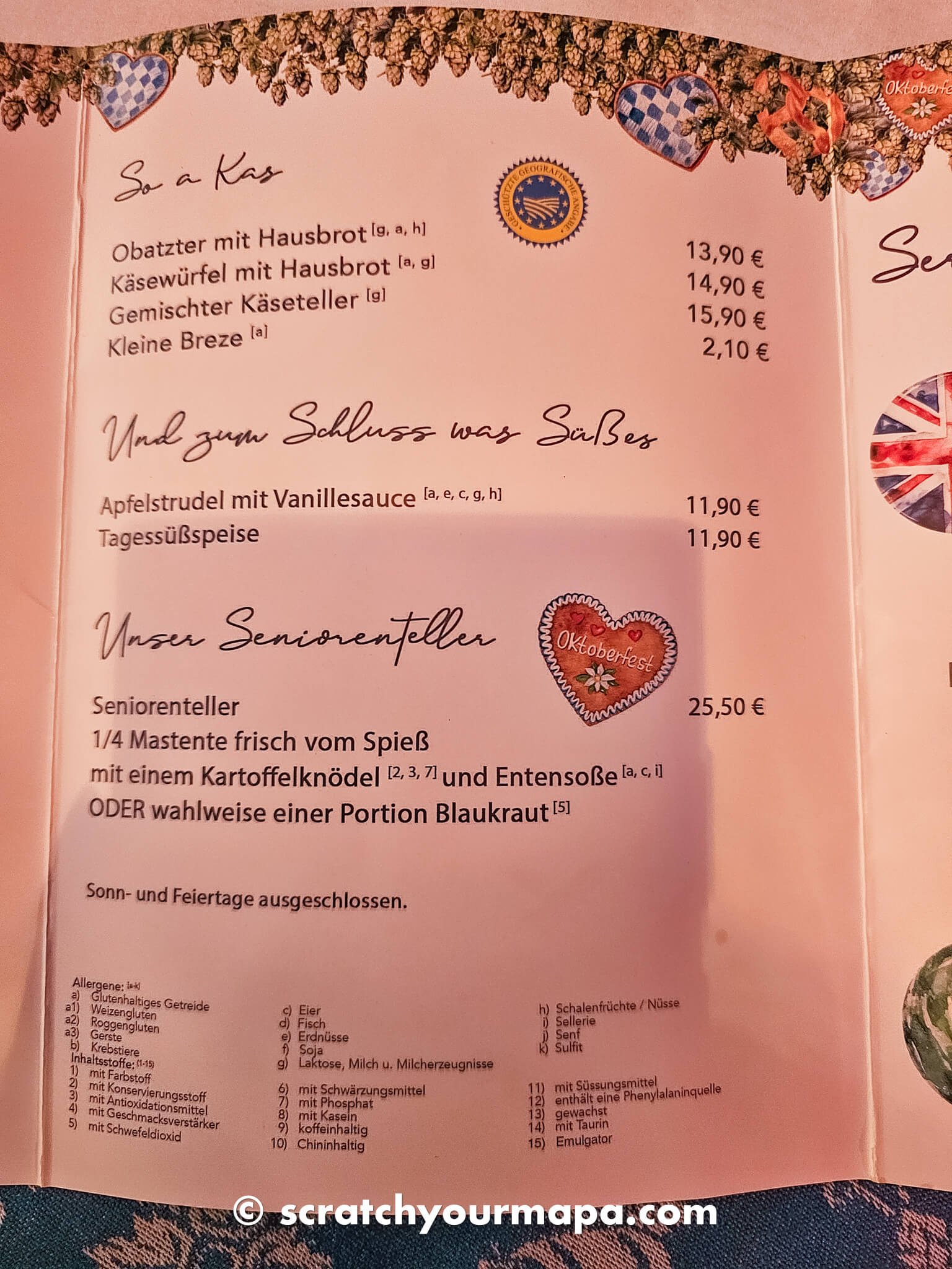 menu at Oktoberfest in Munich