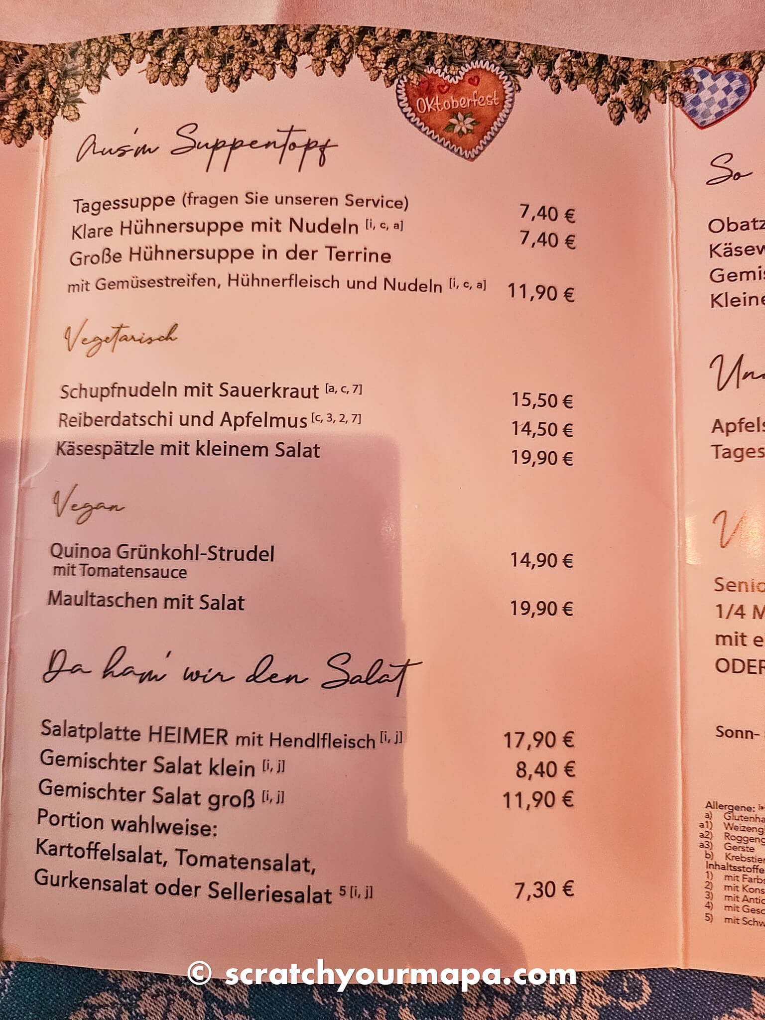 menu at Oktoberfest in Munich