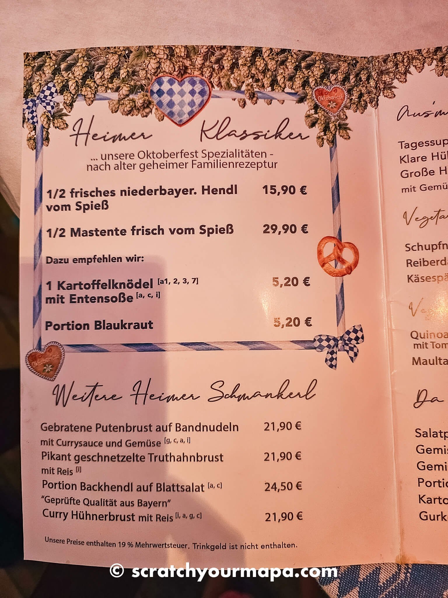 menu at Oktoberfest in Munich