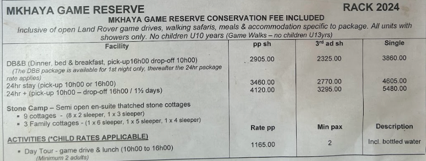 Mkhaya Game Reserve rates 2024