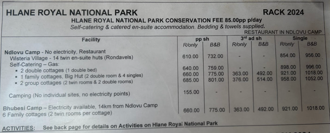 Hlane Royal National Park rates