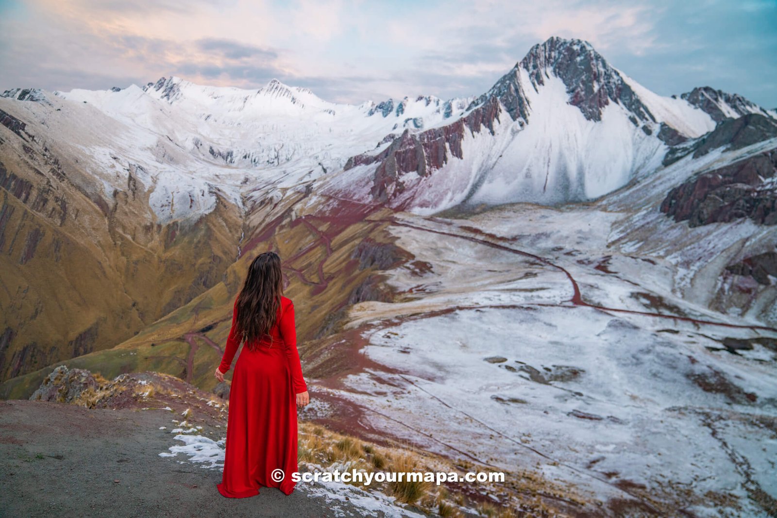 snow at Pallay Punchu rainbow mountain in Peru