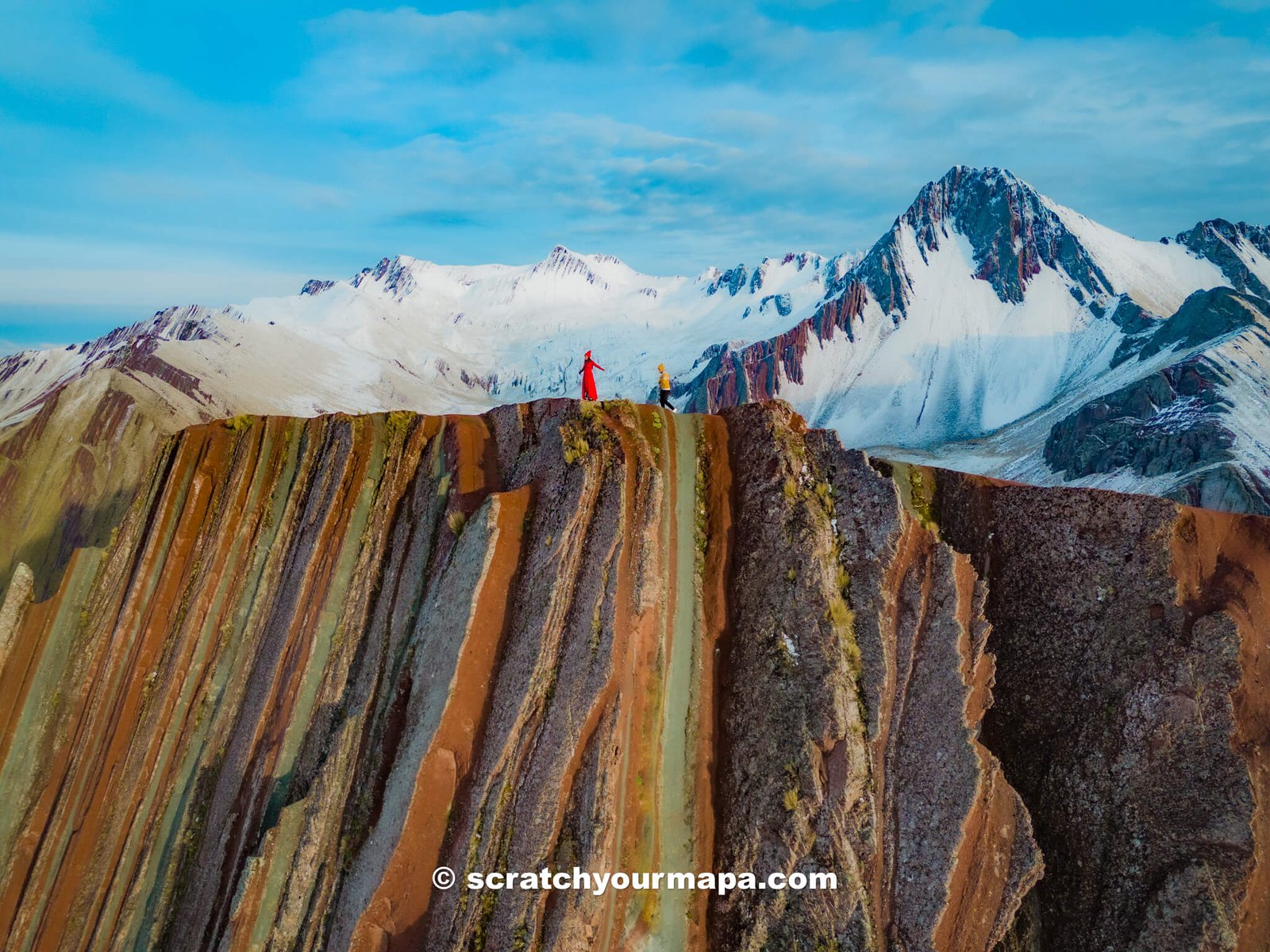 drone shot at Pallay Punchu, rainbow mountains of Peru