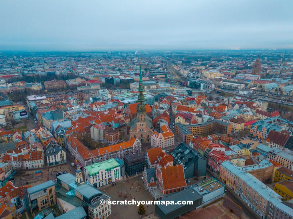drone shot of the historic center in Riga in winter