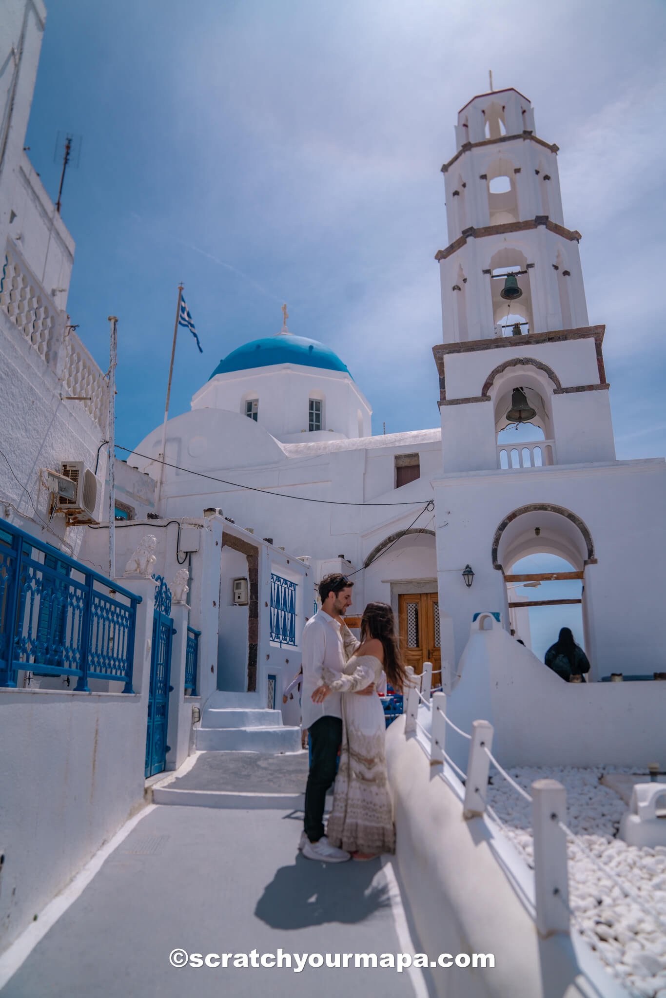 blue domed church in Pyrgos, Santorini