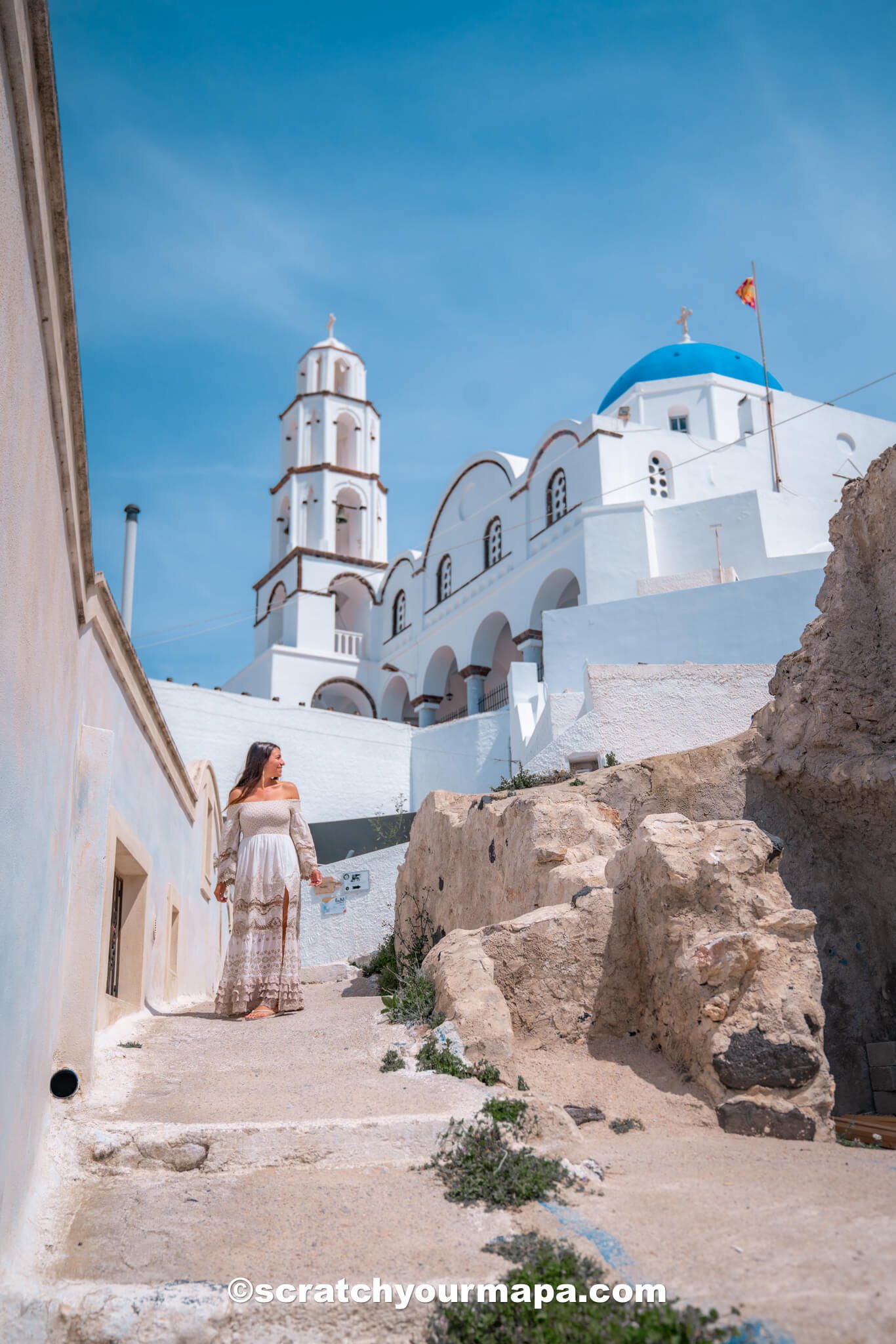 blue domed church in Pyrgos, Santorini