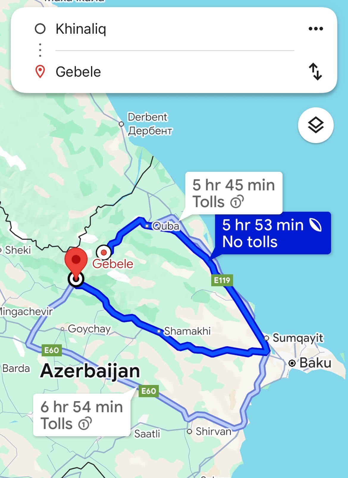 map of Azerbaijan road trip