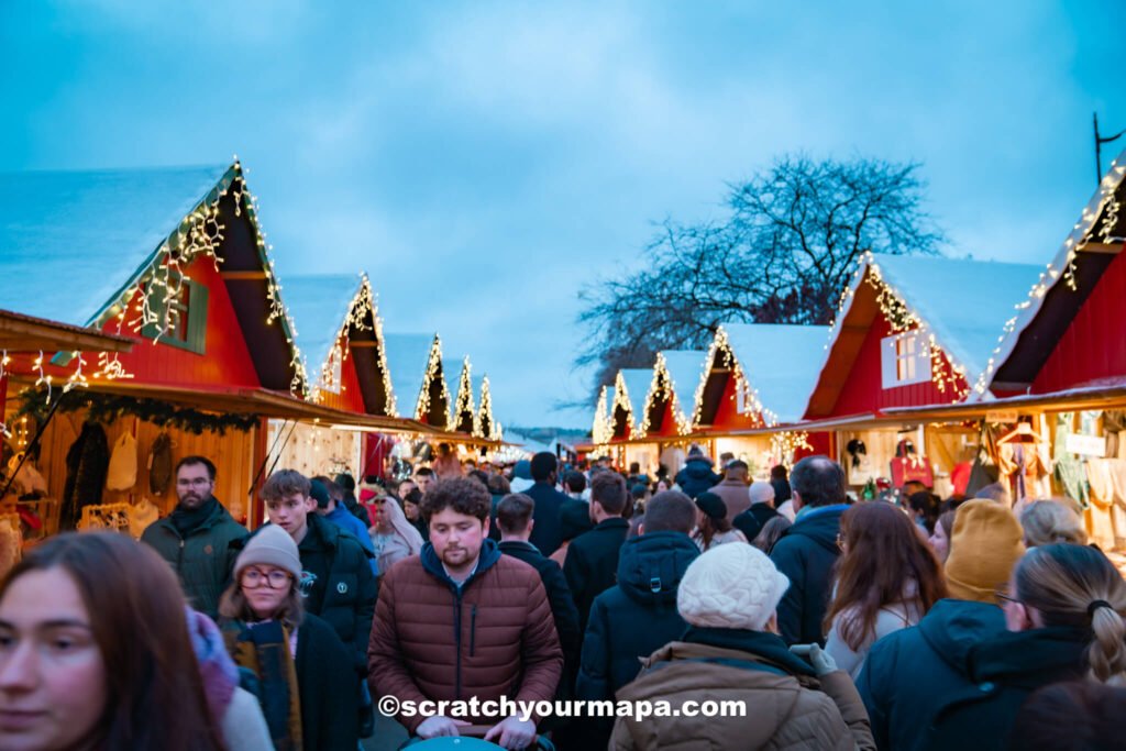 Christmas market at the Eiffel Tower for Christmas in Paris, France