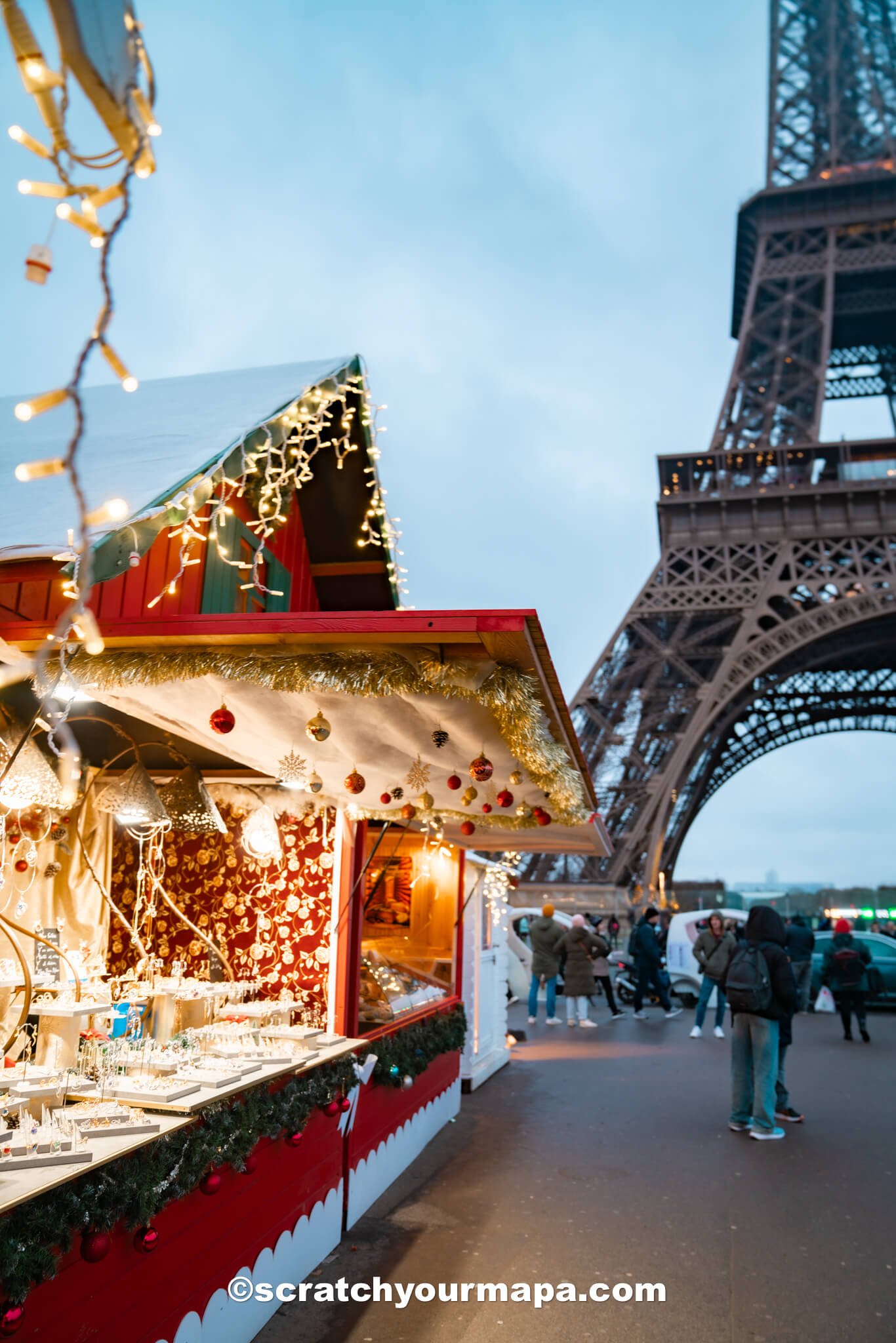 Christmas market at the Eiffel Tower for Christmas in Paris, France