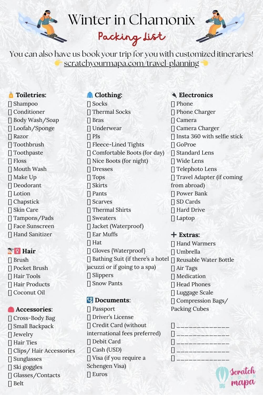 Skiing in Chamonix packing list