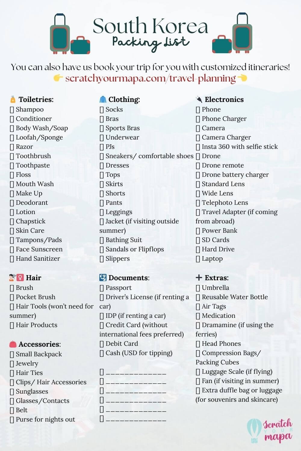 South Korea packing list