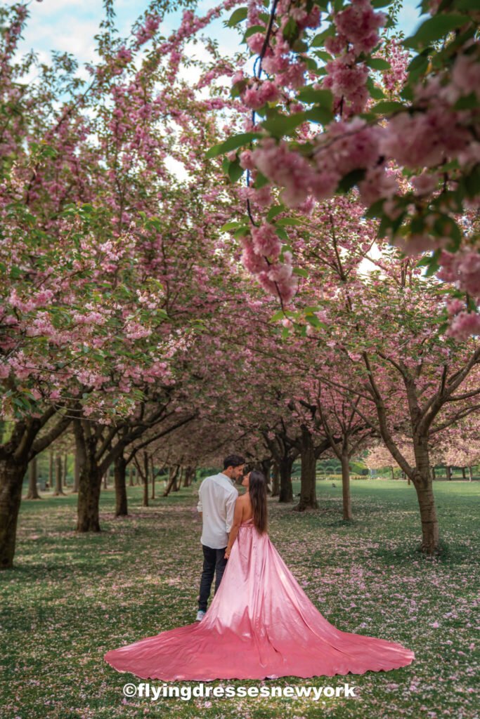 flying dress photoshoot with the cherry blossoms Spring in New York City