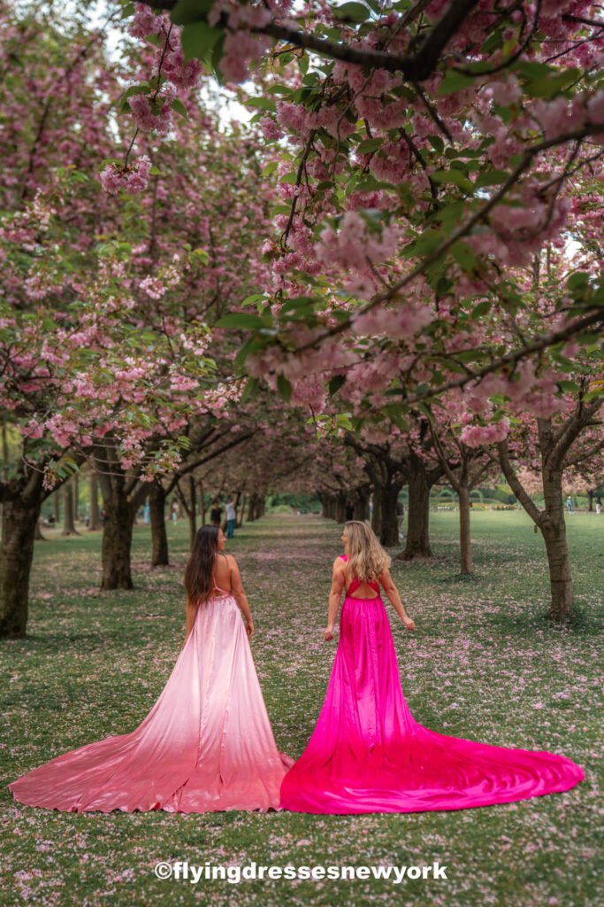flying dress photoshoot in NYC with the cherry blossoms
