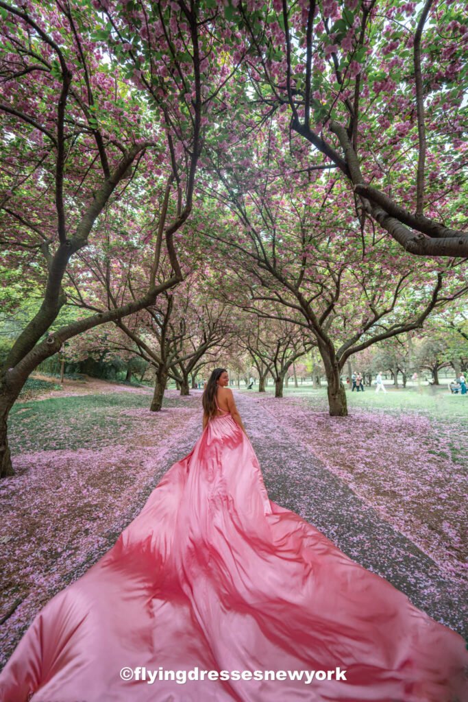 flying dress photoshoot with the cherry blossoms Spring in New York City