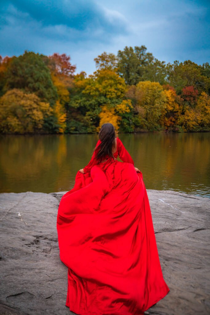 Flying dress photoshoot with Flying Dresses New York during Fall in Central Park