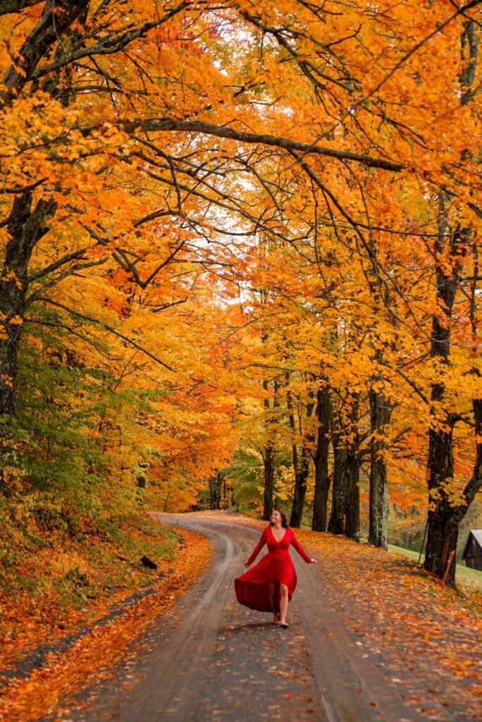 walking under the fall foliage in New England