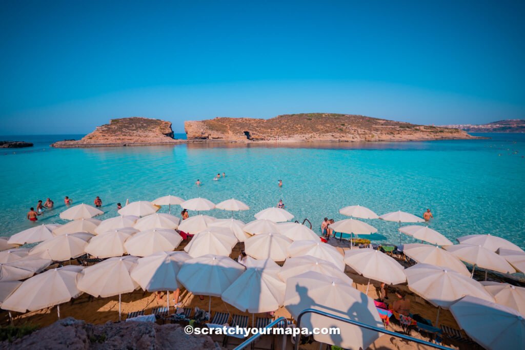 crowded beach on the island of Comino, Malta